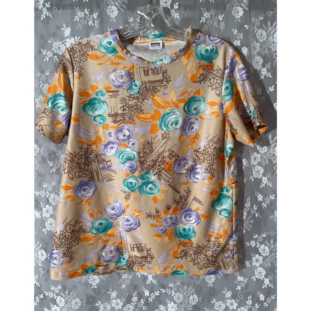 Vintage 70s Novelty Print Top Size Large 1970s Retro Groovy Boho Colorful Tee